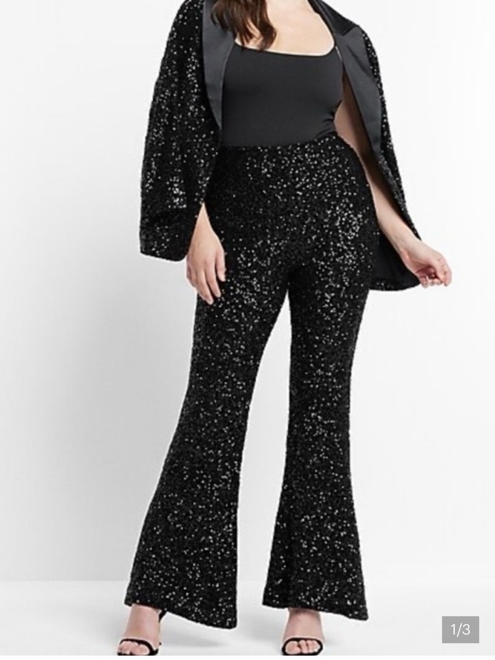 Express Black Sequin Blazer + Flare Pants set